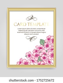 Vector botanical floral wedding invitation elegant card template. Pink apple flowers and golden frame. Romantic design for greeting card, natural cosmetics, women products.
