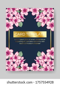 Vector botanical floral wedding invitation. Dark blue elegant card template with pink apple flowers and golden frame. Romantic design for greeting card, annivesary.