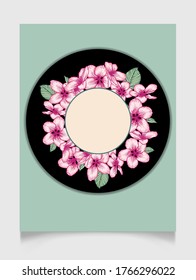 Vector botanical floral wedding invitation elegant card template with pink apple flowers. and round frame. Romantic design for greeting card, natural cosmetics, women products.