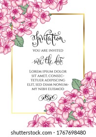 Vector botánico de invitación de boda floral elegante plantilla de tarjeta con flores de manzana rosa y marco dorado. Diseño romántico para tarjetas de felicitación, cosméticos naturales, productos para mujeres.