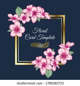 Vector Botanical Floral Wedding Invitation Dark Blue Elegant Card Template With Pink Apple Flowers And Golden Frame. Romantic Design For Greeting Card, Annivesary.