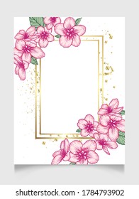 Vector botanical floral wedding invitation elegant card template. Pink apple flowers and golden splatter frame. Romantic design for greeting card, natural cosmetics, women products.