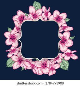 Vector botanical floral wedding invitation. Dark blue elegant card template with pink apple flowers. Romantic design for greeting card, annivesary.