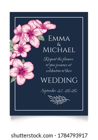 Vector botanical floral wedding invitation dark blue elegant card template with pink apple flowers. Romantic design for greeting card, annivesary.