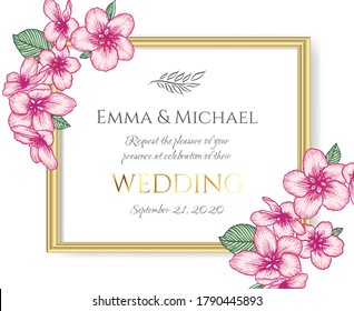 Vector botanical floral wedding invitation elegant card template. Pink apple flowers and golden frame. Romantic design for greeting card, natural cosmetics, women products.