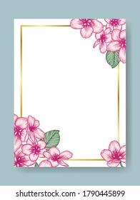 Vector botánico de invitación de boda floral elegante plantilla de tarjeta con flores de manzana rosa y marco dorado. Diseño romántico para tarjetas de felicitación, cosméticos naturales, productos para mujeres.