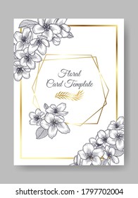 Vector botanical floral wedding invitation elegant card monochrome template. Apple flowers and golden geometric frame. Romantic design for greeting card, natural cosmetics, women products.