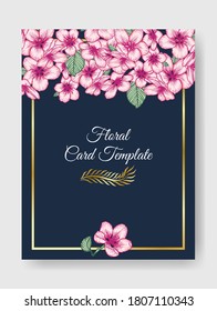 Vector botanical floral wedding invitation dark blue elegant card template with pink apple flowers and golden frame. Romantic design for greeting card, annivesary.
