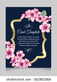 Vector botanical floral wedding invitation. Dark blue elegant card template with pink apple flowers and golden frame. Romantic design for greeting card, annivesary.
