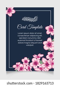 Invitación a bodas florales vectoriales modelo de tarjeta azul oscuro y elegante con flores de manzana rosa. Diseño romántico para tarjeta de felicitación, anverso.