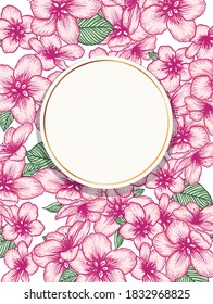 Vektor botanische Blumen Hochzeit Einladung elegante Karte Vorlage mit rosafarbenen Apfelblumen und runden goldenen Rahmen. Romantisches Design für Grußkarten, Naturkosmetik.