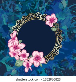 Vector botanical floral wedding invitation. Dark blue paint splatter elegant card template with pink apple flowers and golden frame. Romantic design for greeting card, annivesary.