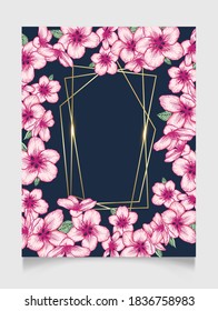 Vector botanical floral wedding invitation dark blue elegant card template with apple flowers and polygonal golden frame. Romantic design for greeting card, annivesary.