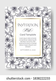 Vector botanical floral wedding invitation elegant card monochrome template. Apple flowers and golden frame. Romantic design for greeting card, natural cosmetics, women products.
