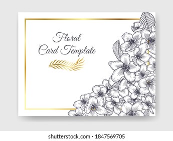 Vector botánico de invitación de boda floral elegante tarjeta monocroma plantilla. Flores de manzana y marco dorado. Diseño romántico para tarjetas de felicitación, cosméticos naturales, productos para mujeres.