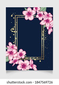 Vector botanical floral wedding invitation. Dark blue elegant card template with pink apple flowers and golden splatter drops frame. Romantic design for greeting card, annivesary.