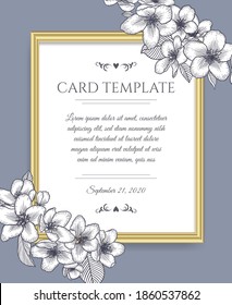 Vector botanical floral wedding invitation elegant card monochrome template. Apple flowers and golden frame. Romantic design for greeting card, natural cosmetics, women products.