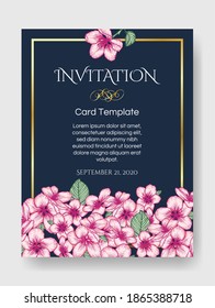 Vektor botanische Blumen Hochzeit Einladung dunkelblaue elegante Karte Vorlage mit rosafarbenen Apfelblumen und goldenem Rahmen. Romantisches Design für Grußkarte, Jahrgang.