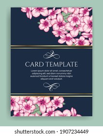 Vector botanical floral wedding invitation dark blue elegant card template with pink apple flowers and golden frame. Romantic design for greeting card, annivesary.