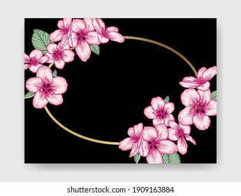 Invitación a la boda floral botánica vectorial. Plantilla de tarjeta negra elegante con flores de manzana rosa y marco dorado. Diseño oscuro romántico para tarjeta de felicitación, anverso.
