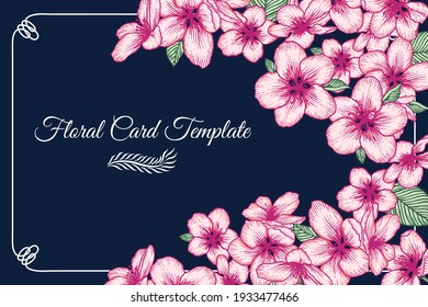 Invitación a la boda floral botánica vectorial. Plantilla de tarjeta azul oscuro y elegante con flores de manzana rosa. Diseño romántico para tarjeta de felicitación, anverso.