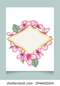 Vector botanical floral wedding invitation elegant card template with pink apple flowers and rhombus golden frame. Romantic design for greeting card, natural cosmetics, women products.