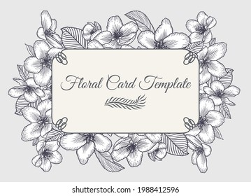 Vector botánico de invitación de boda floral elegante tarjeta monocroma con flores de manzana. Diseño romántico para tarjetas de felicitación, cosméticos naturales, productos para mujeres.