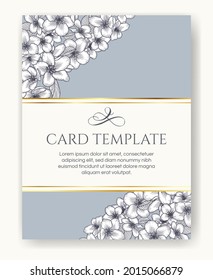 Vector botánico de invitación de boda floral elegante tarjeta monocroma plantilla. Flores de manzana y marco dorado. Diseño romántico para tarjetas de felicitación, cosméticos naturales, productos para mujeres.
