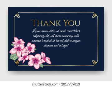 Vector botanical floral wedding invitation. Dark blue elegant card template with pink apple flowers and golden frame. Romantic design for greeting card, annivesary.
