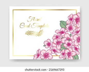 Vector botanical floral wedding invitation elegant card template. Pink apple flowers and golden frame. Romantic design for greeting card, natural cosmetics, women products.