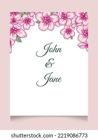 Vector botanical floral wedding invitation elegant card template with pink apple flowers. Romantic design for greeting card, natural cosmetics, women products.