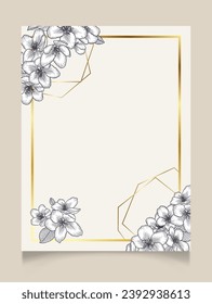 Vector botanical floral wedding invitation elegant card monochrome template. Apple flowers and golden geometric frame. Romantic design for greeting card, natural cosmetics, women products.