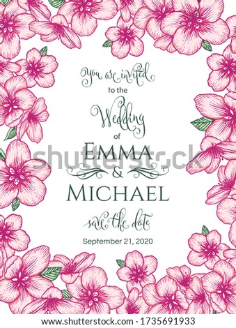Vector botanical floral wedding invitation elegant card template with pink apple flowers. Romantic design for greeting card, natural cosmetics, women products.
