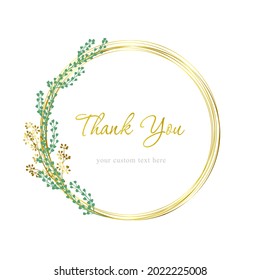 Marco botánico vectorial con anillos de oro, estribos verdes y dorados en el lateral.  Gracias, texto personalizado. diseño para boda, tarjeta de saludo, perfume y cosméticos, logotipo