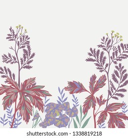 Vector botanical frame isolated on white. Floral drawing made of meadow flowers, foliage, stems, herbs and leaves. Nature illustration for postcard, card, invitation, greeting, placing text or phrase.