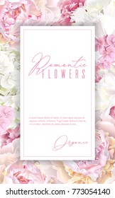 Vector botanical frame with pink peony, white hydrangea and tulip flowers. Romantic design for natural cosmetics, perfume, women products. Can be used as greeting card or wedding invitation