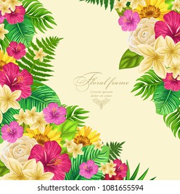 Vector botanical frame  with tropical leaves and flowers.  Design for invitation card, wedding.