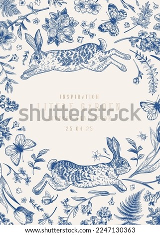 Vector botanical frame with two rabbits and butterflies. Little garden. Blue.