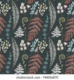 Vector botanical graphic  pattern with fern leaves, wild plants.  forest linear wallpaper . dark background. Scandinavian pattern