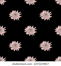 Vector botanical hand drawn pattern of realistic flowers of asters, daisies, dahlias in vintage style 