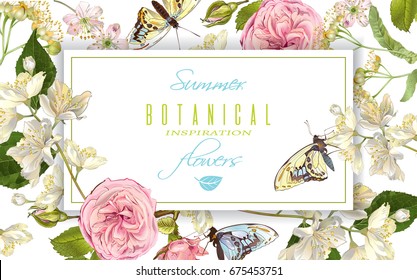 Pancarta horizontal vectorial con rosa, lino, flores de jazmín y mariposas. Diseño para el té, cosméticos naturales, dulces y empaque de chocolate. Se puede utilizar como tarjeta de felicitación, invitación de boda