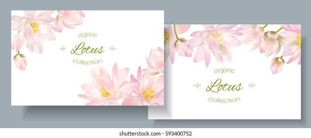 Vector botanical horizontal banners with lotus flowers on white background. Design for natural cosmetics, health care, ayurveda products, yoga center. Can be used as greeting card, wedding invitation
