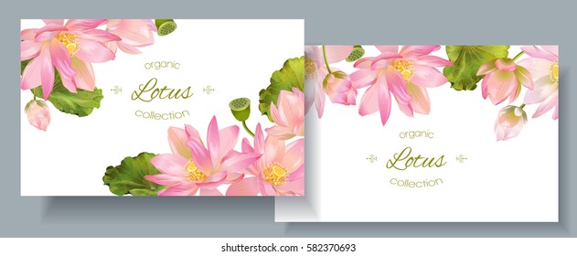 Vector botanical horizontal banners with pink lotus flowers. Design for natural cosmetics, health care and ayurveda products, yoga center. Can be used as greeting card or wedding invitation