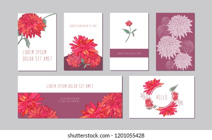 Vector botanical horizontal, vertical banners set with pink peony,aster flowers. Romantic design for natural cosmetics, perfume, women products. Can be used as greeting card or wedding invitation.