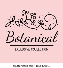 Vector botanical illustration with beautiful flower decoration with inscription on pink background. Flat line art style template design of floral composition for web, site, invitation, greeting card