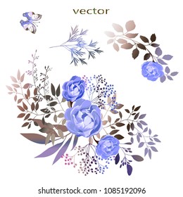 Vector.  Botanical illustration. The composition of blue roses, flowers, colorful leaves, wild and garden herbs. A set of bouquets, twigs, elements.  Collection of floral arrangements.