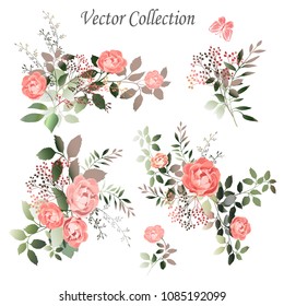 Vector.  Botanical illustration. The composition of pink roses, flowers, colorful leaves, wild and garden herbs. A set of bouquets, twigs, elements.  Collection of floral arrangements.