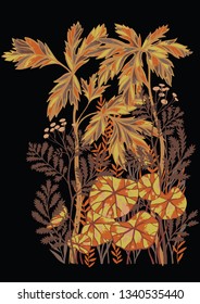 Vector botanical illustration. Floral pencil drawing made of meadow flowers, foliage, stems and leaves. Hand drawn plants. Botanical graphic for poster, card, banner, print.