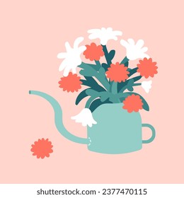 Vector botanical illustration with flower bouquet in water can. Flat tulips, chrysanthemums in vase created in pastel colors. Greeting card for International Women day in 8th March. Orange background