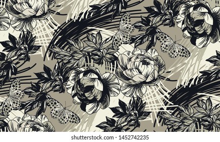  Ilustración botánica vectorial. Flores peonías, nubes y hojas. Patrón. Impresión en pantalones, ropa, textiles. Ilustración vectorial para la moda creativa del dibujo. Pinturas antiguas